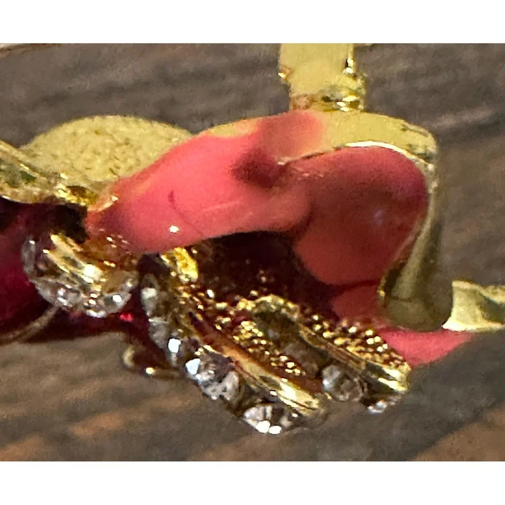Vtg Hibiscus Flower Brooch Coral Pink Red Enamel Rhinestone Gold Tone Floral Pin